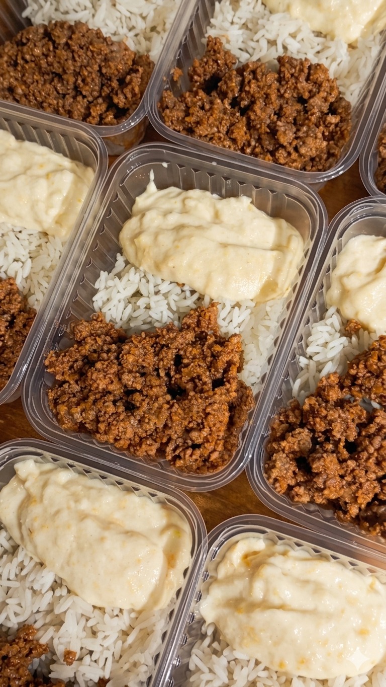 Arroz, feijão carioca e carne moída ao molho